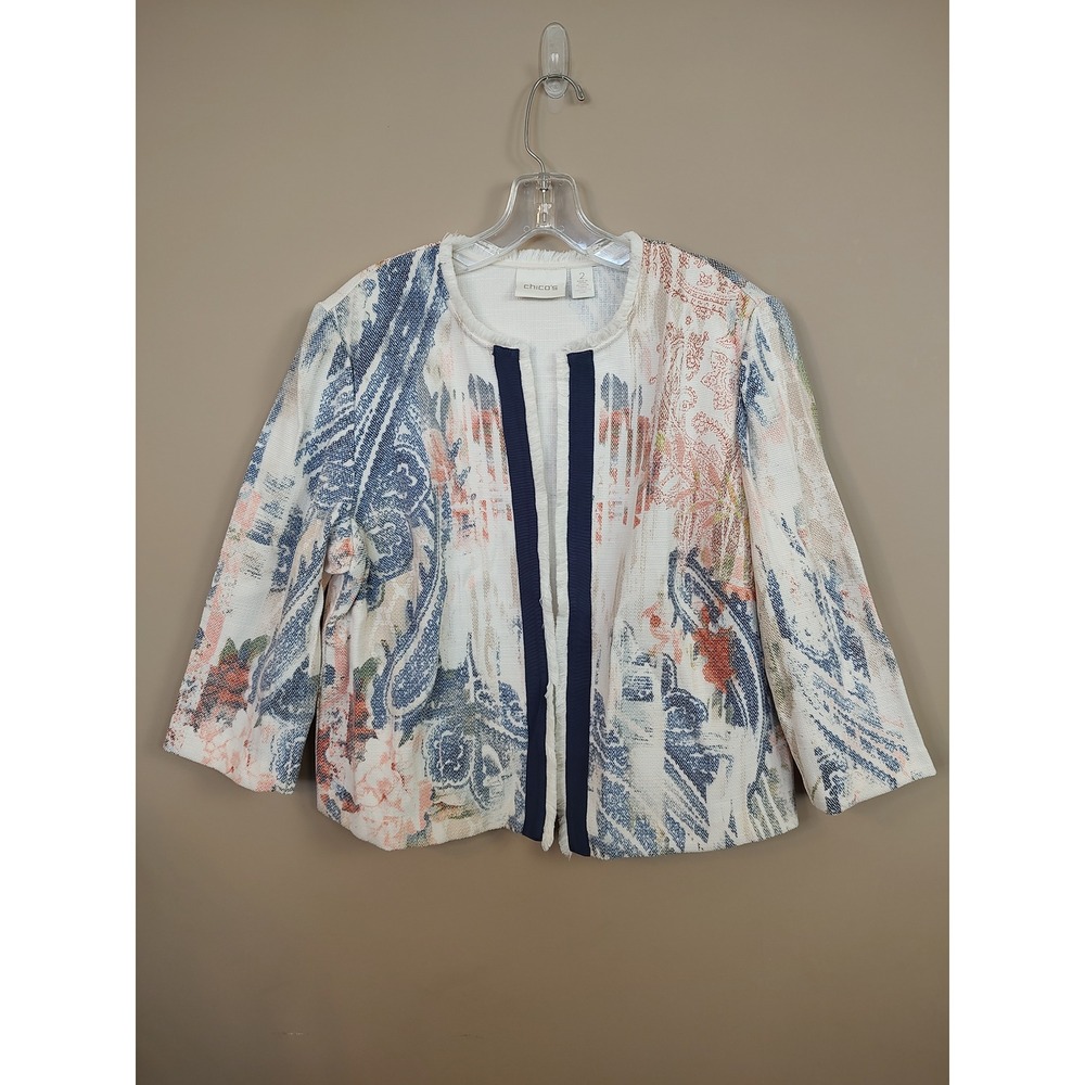 Chico's Paisley Floral Fringe Open Front Jacket Cream Blue Sz 2 Large 3/4 Sleeve